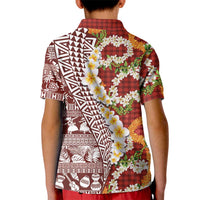 Hawaiian Plumeria Lei Kid Polo Shirt Kakau Motifs and Palaka Half Style Red Color LT03 - Polynesian Pride