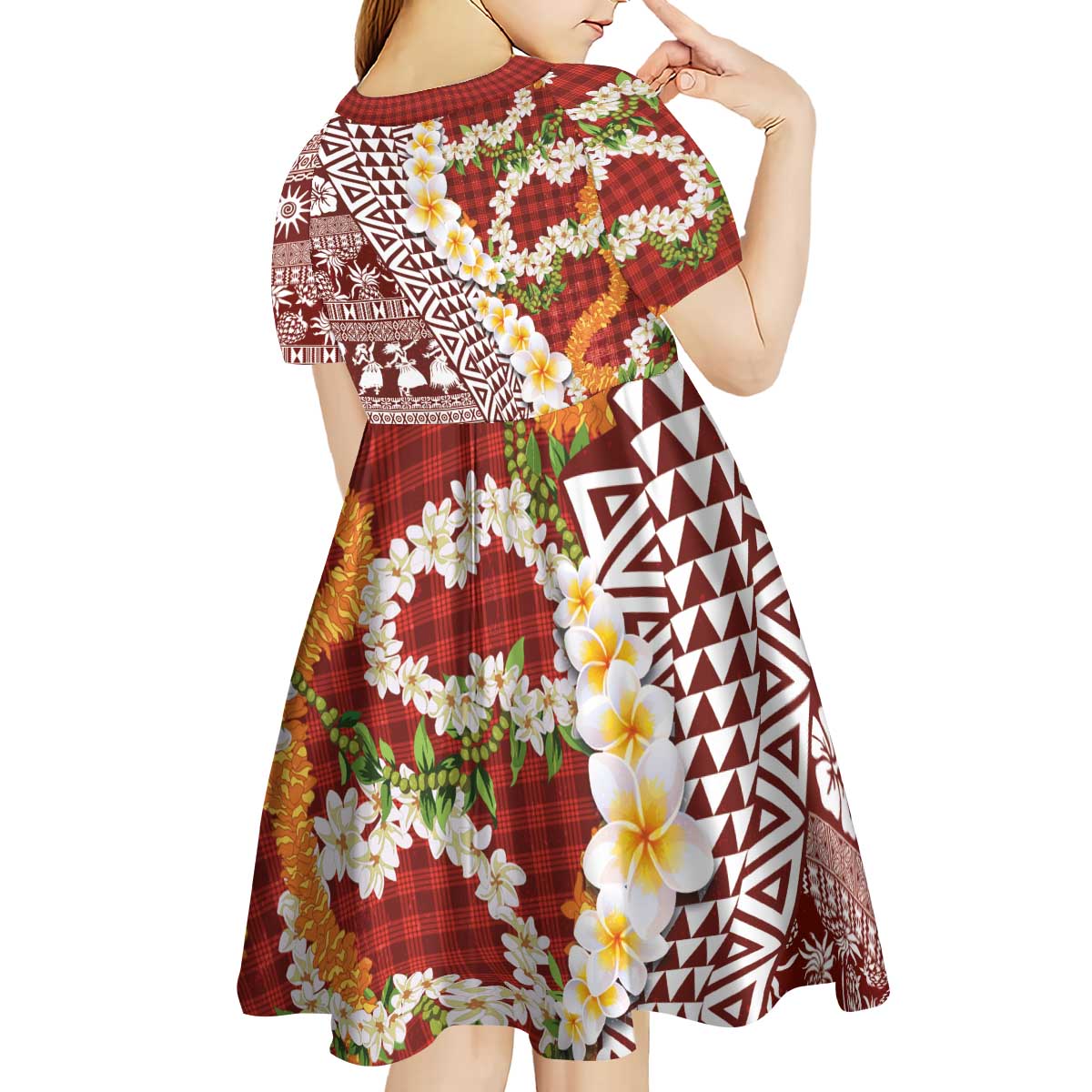 Hawaiian Plumeria Lei Kid Short Sleeve Dress Kakau Motifs and Palaka Half Style Red Color LT03 - Polynesian Pride