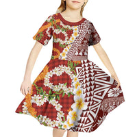 Hawaiian Plumeria Lei Kid Short Sleeve Dress Kakau Motifs and Palaka Half Style Red Color LT03 - Polynesian Pride