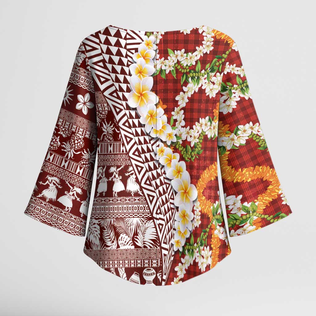 Hawaiian Plumeria Lei Kimono Sleeve Blouse Kakau Motifs and Palaka Half Style Red Color LT03 - Polynesian Pride