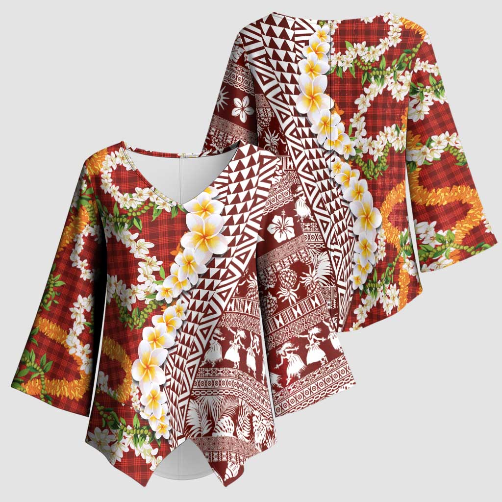 Hawaiian Plumeria Lei Kimono Sleeve Blouse Kakau Motifs and Palaka Half Style Red Color LT03 - Polynesian Pride