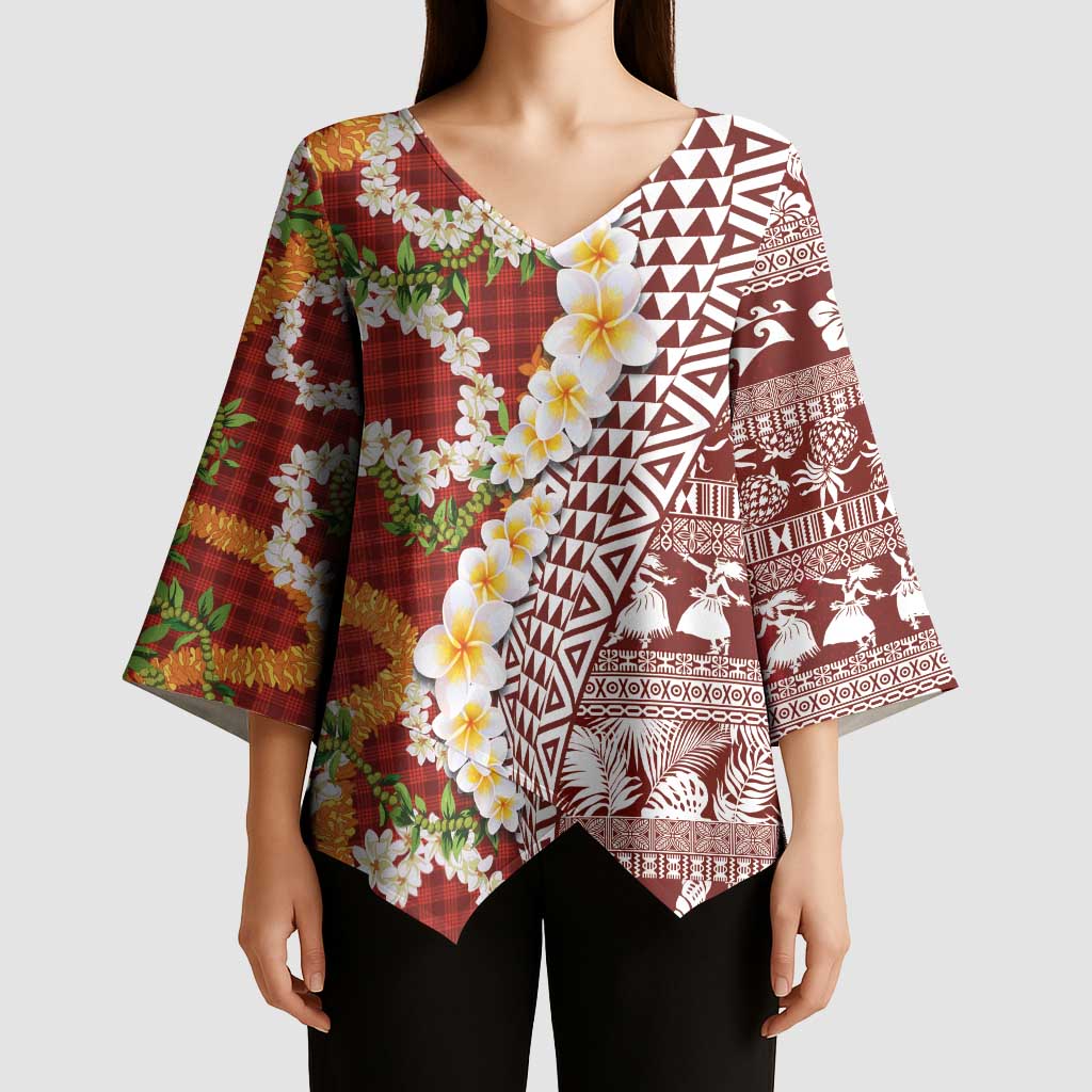 Hawaiian Plumeria Lei Kimono Sleeve Blouse Kakau Motifs and Palaka Half Style Red Color LT03 - Polynesian Pride