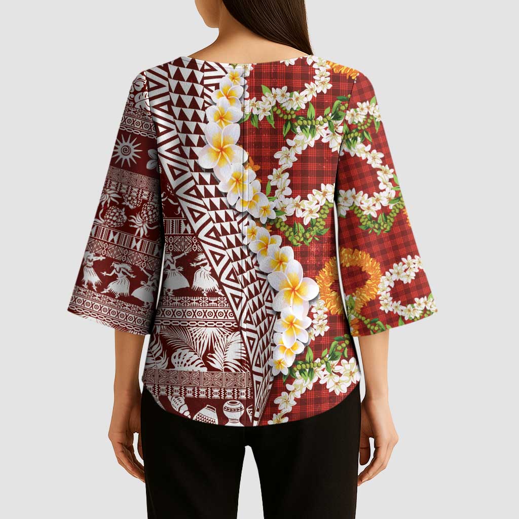Hawaiian Plumeria Lei Kimono Sleeve Blouse Kakau Motifs and Palaka Half Style Red Color LT03 - Polynesian Pride