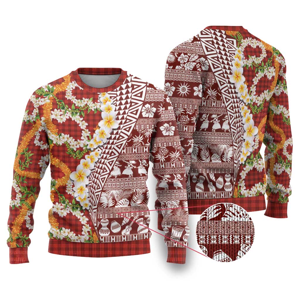 Hawaiian Plumeria Lei Ugly Christmas Sweater Kakau Motifs and Palaka Half Style Red Color LT03 Red - Polynesian Pride
