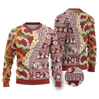 Hawaiian Plumeria Lei Ugly Christmas Sweater Kakau Motifs and Palaka Half Style Red Color LT03 Red - Polynesian Pride