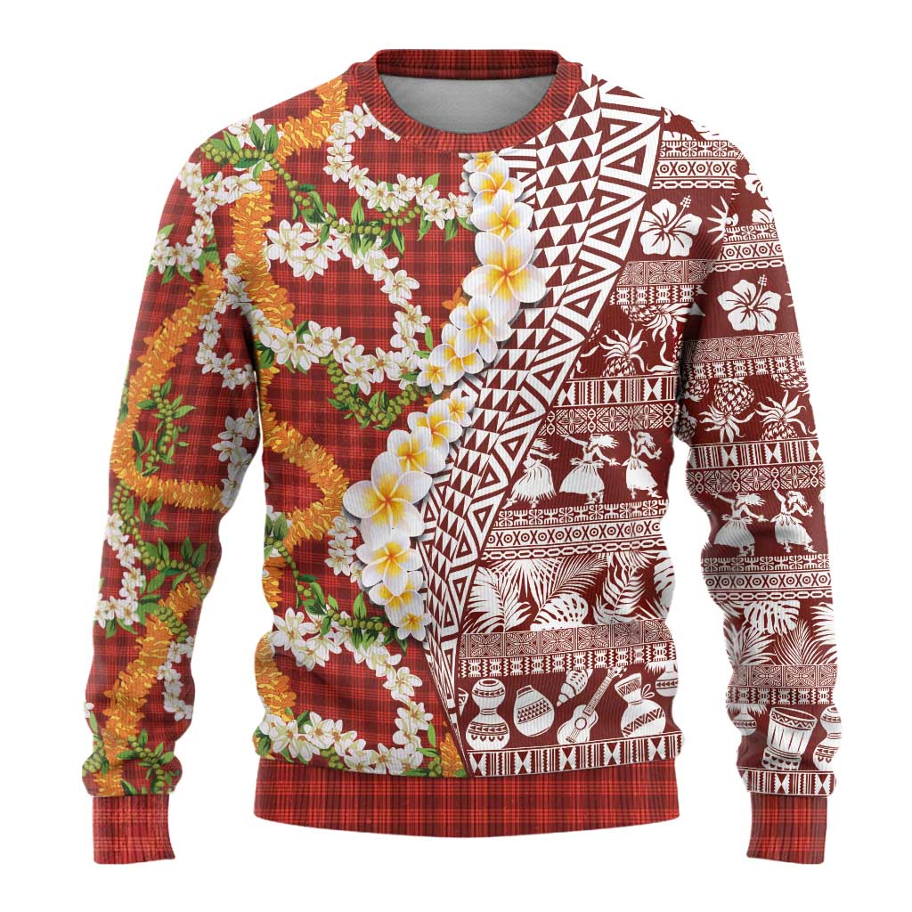 Hawaiian Plumeria Lei Ugly Christmas Sweater Kakau Motifs and Palaka Half Style Red Color LT03 - Polynesian Pride