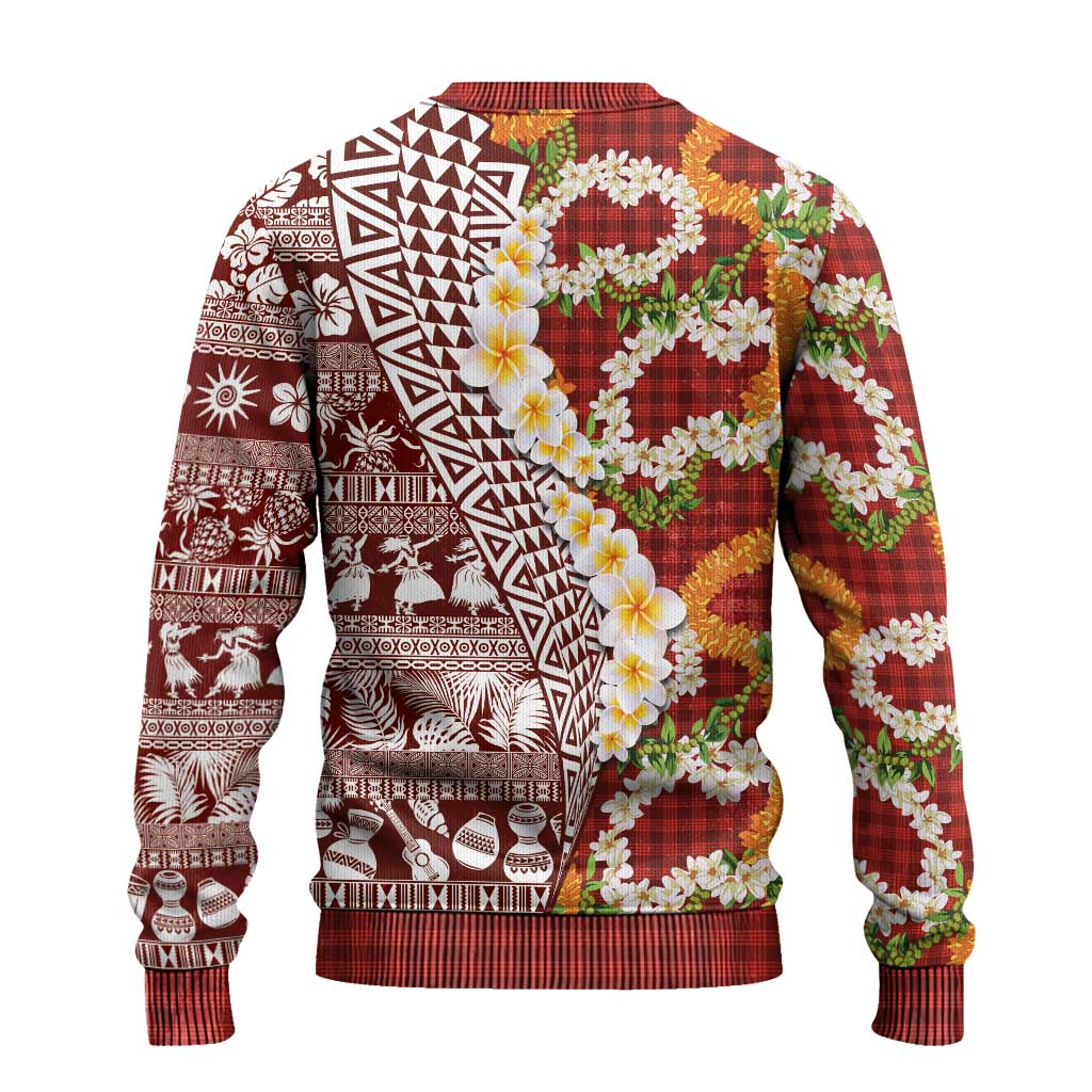 Hawaiian Plumeria Lei Ugly Christmas Sweater Kakau Motifs and Palaka Half Style Red Color LT03 - Polynesian Pride