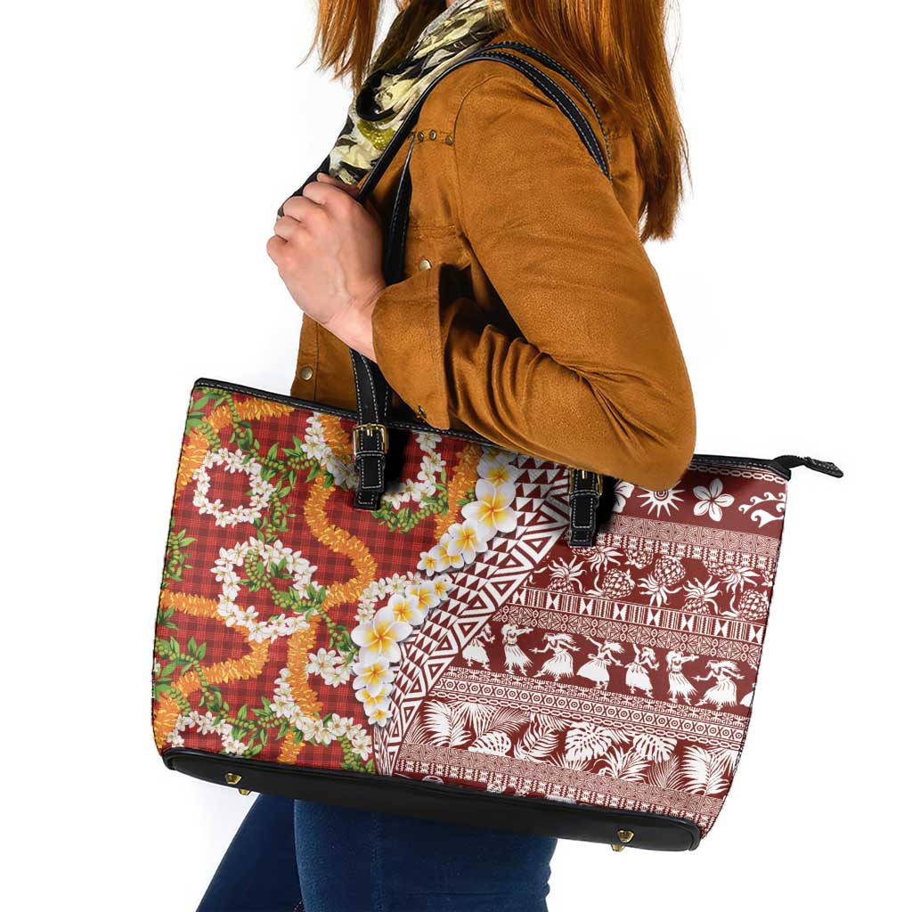 Hawaiian Plumeria Lei Leather Tote Bag Kakau Motifs and Palaka Half Style Red Color LT03 Red - Polynesian Pride