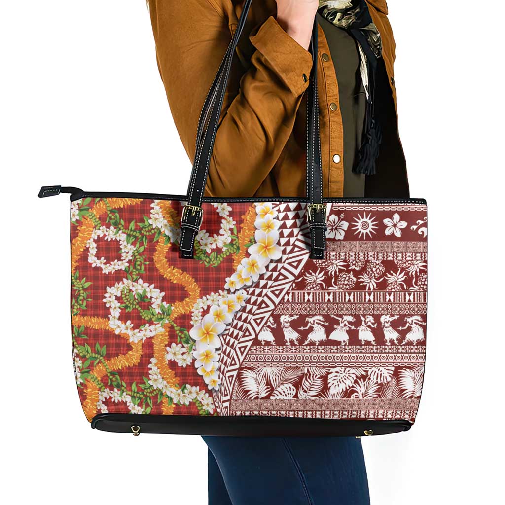 Hawaiian Plumeria Lei Leather Tote Bag Kakau Motifs and Palaka Half Style Red Color LT03 - Polynesian Pride