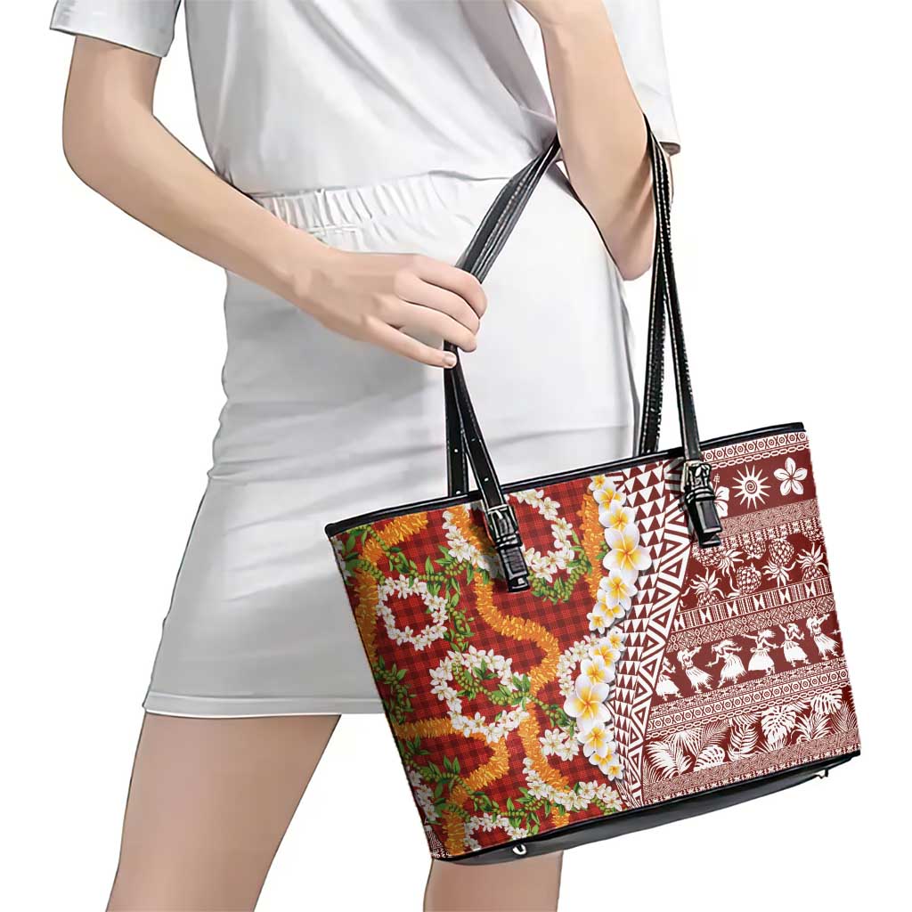 Hawaiian Plumeria Lei Leather Tote Bag Kakau Motifs and Palaka Half Style Red Color LT03 - Polynesian Pride