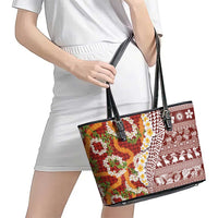 Hawaiian Plumeria Lei Leather Tote Bag Kakau Motifs and Palaka Half Style Red Color LT03 - Polynesian Pride