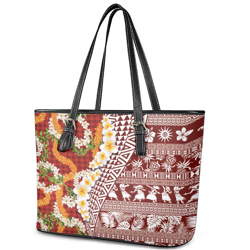 Hawaiian Plumeria Lei Leather Tote Bag Kakau Motifs and Palaka Half Style Red Color LT03 - Polynesian Pride
