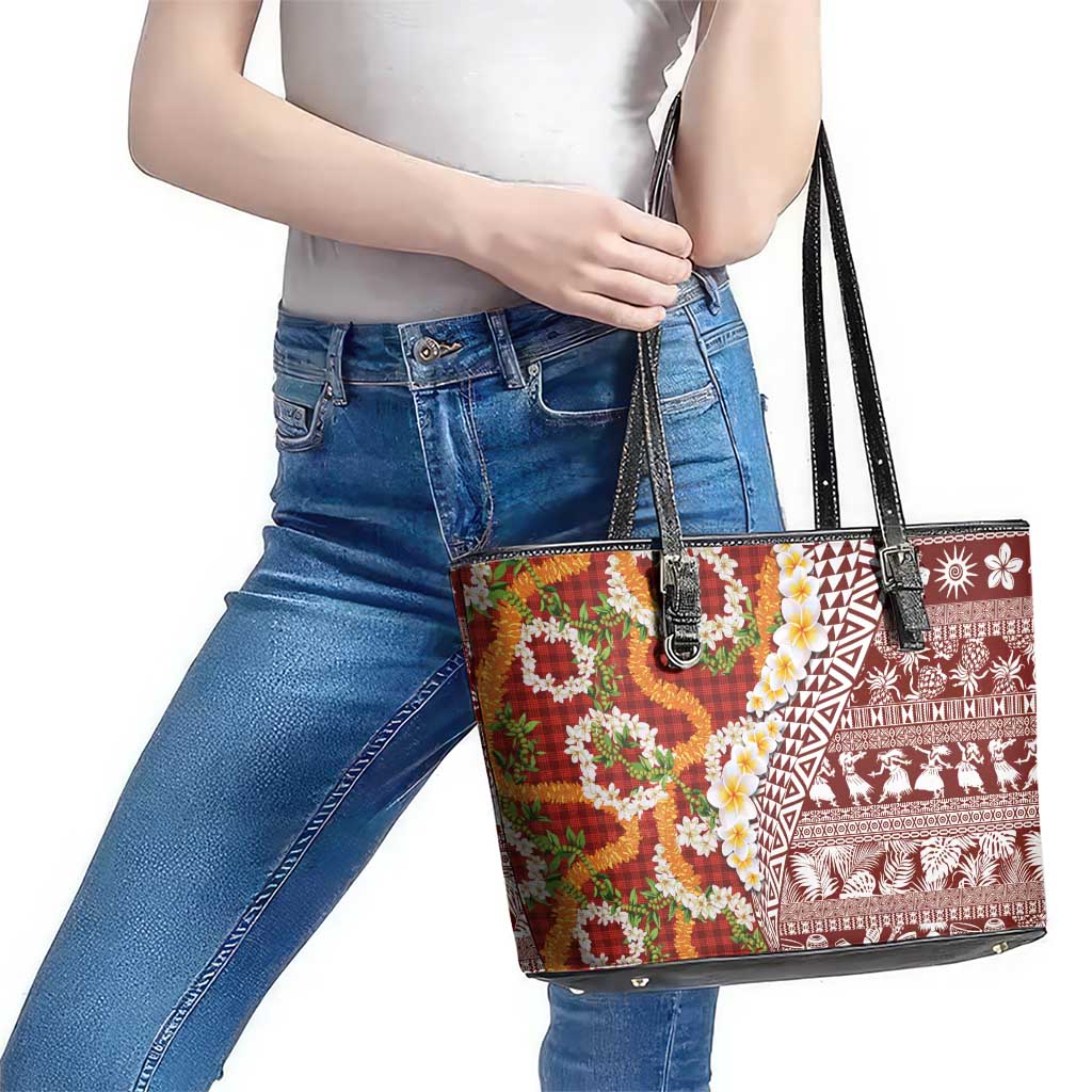 Hawaiian Plumeria Lei Leather Tote Bag Kakau Motifs and Palaka Half Style Red Color LT03 - Polynesian Pride
