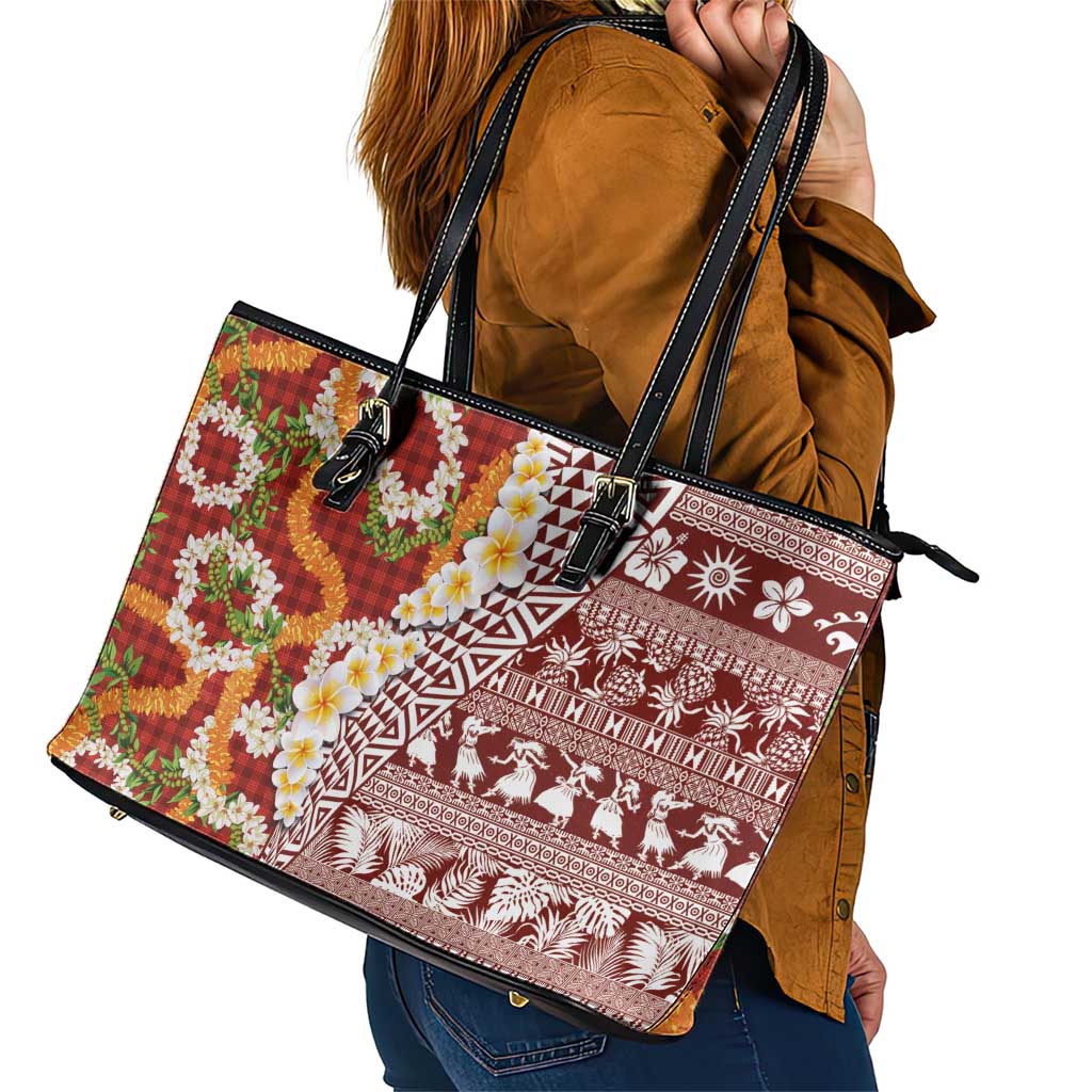 Hawaiian Plumeria Lei Leather Tote Bag Kakau Motifs and Palaka Half Style Red Color LT03 - Polynesian Pride