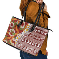 Hawaiian Plumeria Lei Leather Tote Bag Kakau Motifs and Palaka Half Style Red Color LT03 - Polynesian Pride