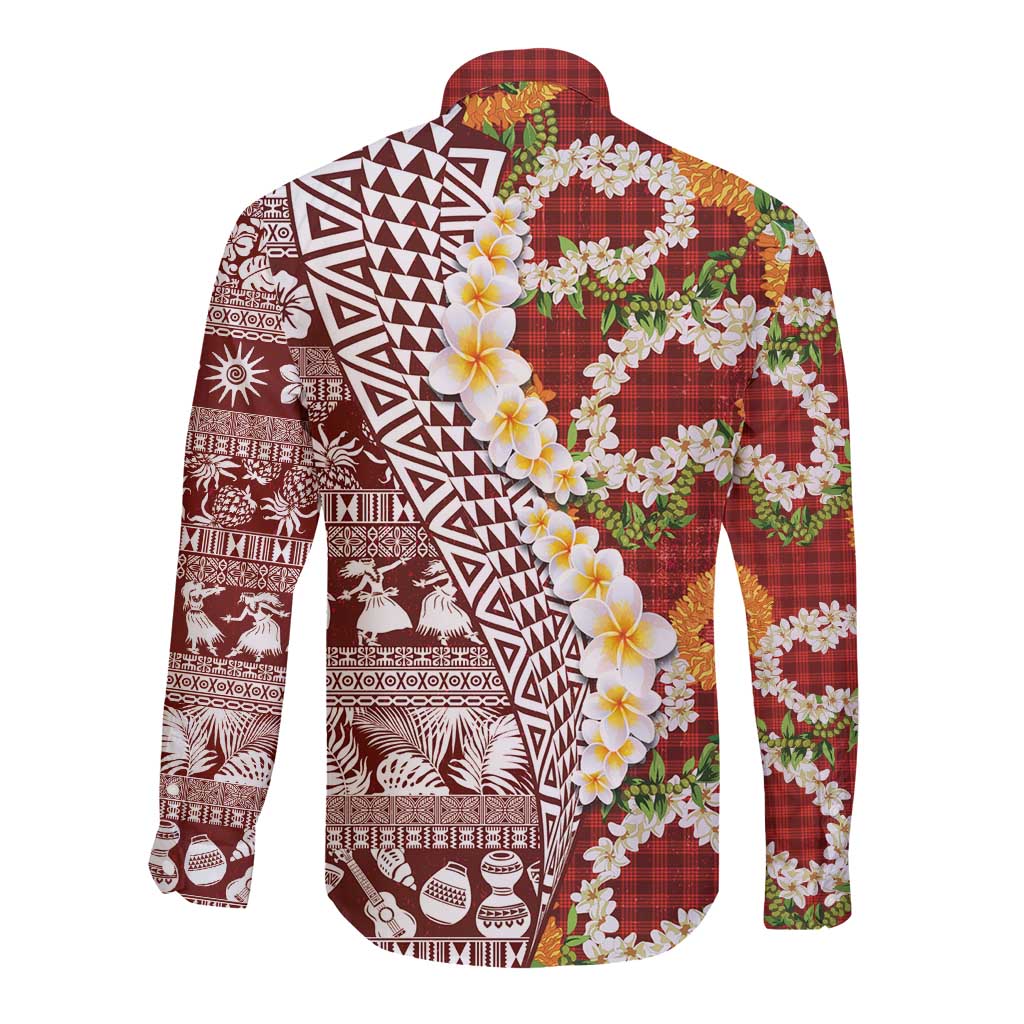Hawaiian Plumeria Lei Long Sleeve Button Shirt Kakau Motifs and Palaka Half Style Red Color LT03 - Polynesian Pride