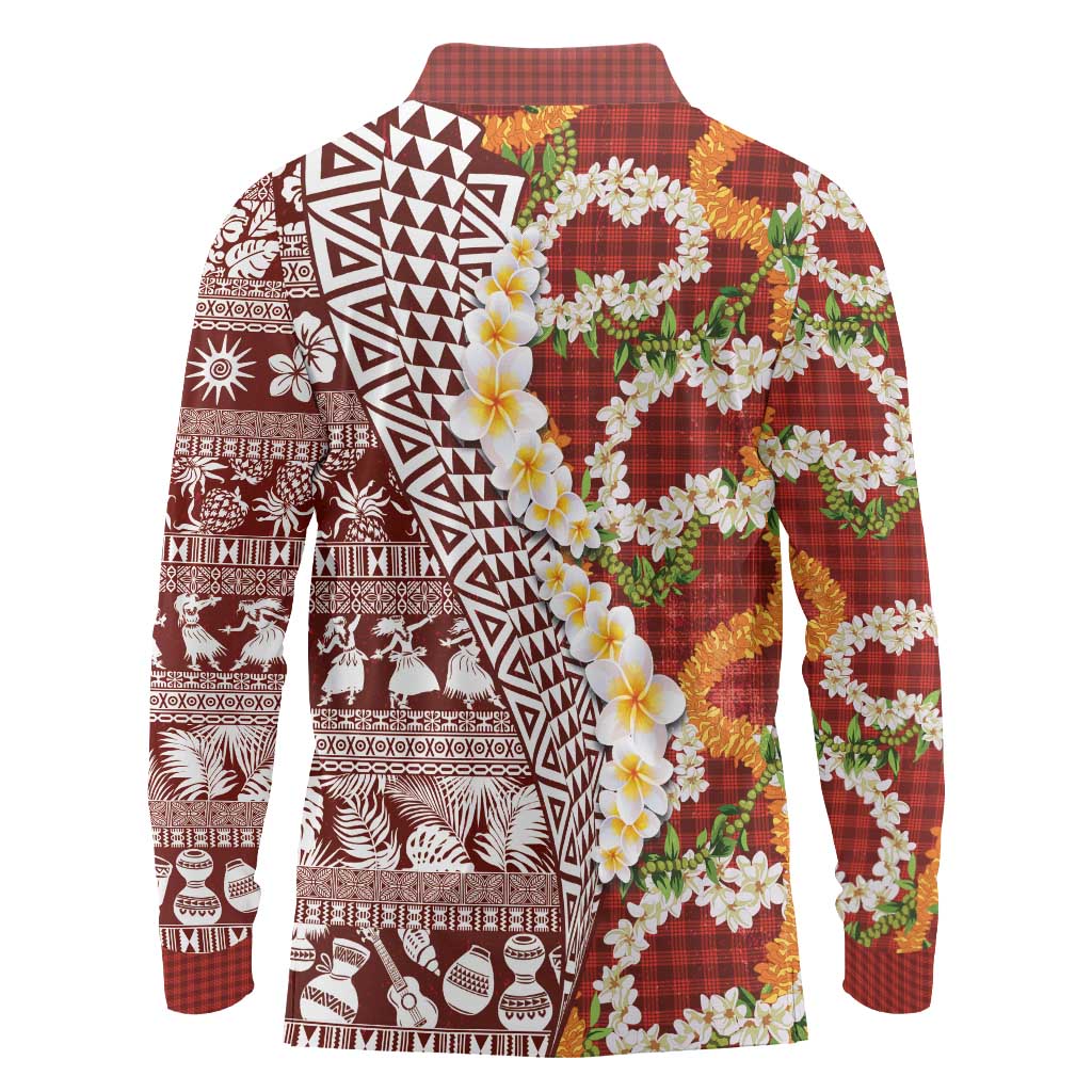 Hawaiian Plumeria Lei Long Sleeve Polo Shirt Kakau Motifs and Palaka Half Style Red Color LT03 - Polynesian Pride