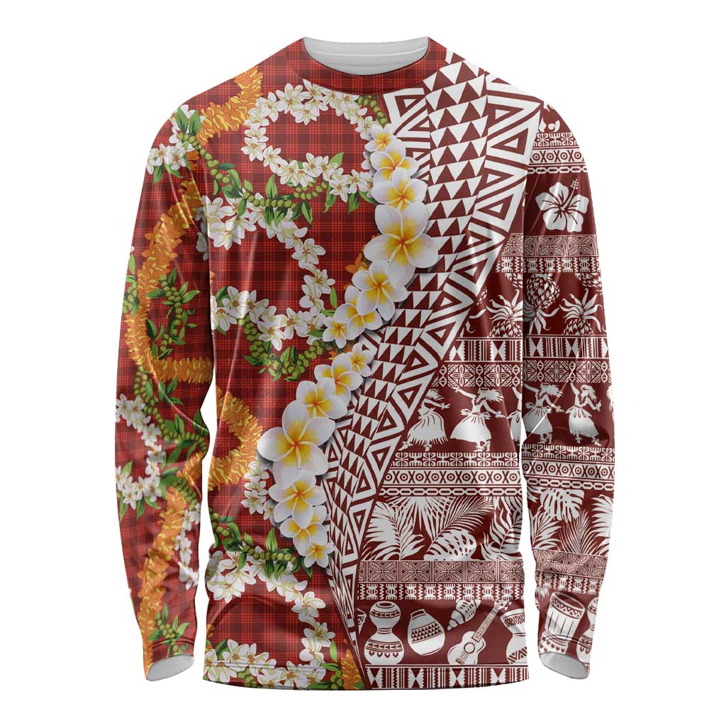 Hawaiian Plumeria Lei Long Sleeve Shirt Kakau Motifs and Palaka Half Style Red Color - Polynesian Pride