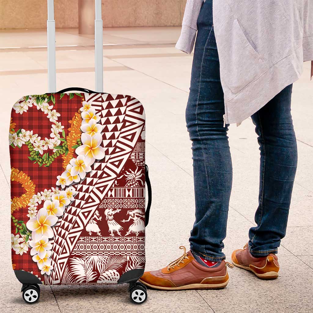 Hawaiian Plumeria Lei Luggage Cover Kakau Motifs and Palaka Half Style Red Color LT03 Red - Polynesian Pride
