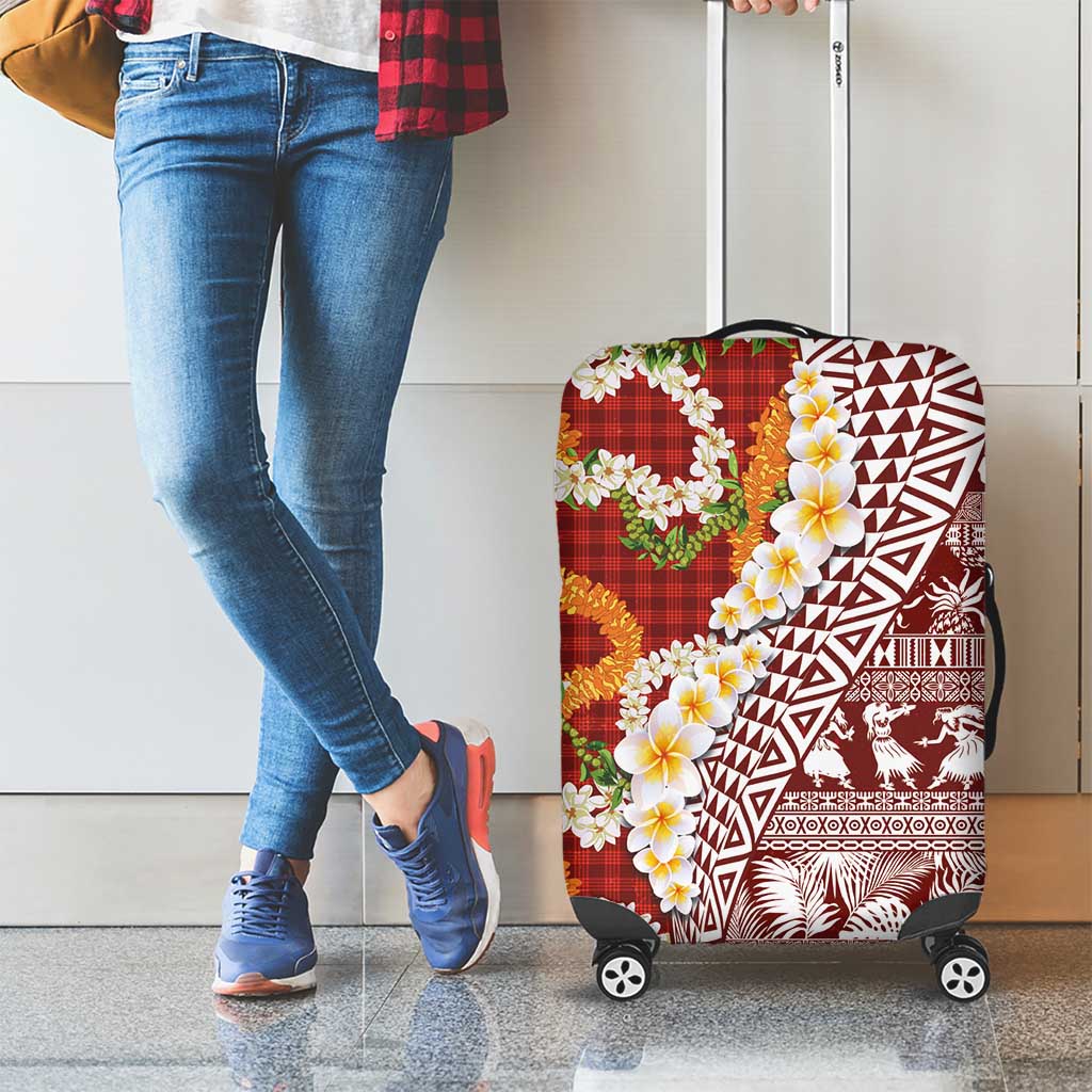 Hawaiian Plumeria Lei Luggage Cover Kakau Motifs and Palaka Half Style Red Color LT03 - Polynesian Pride