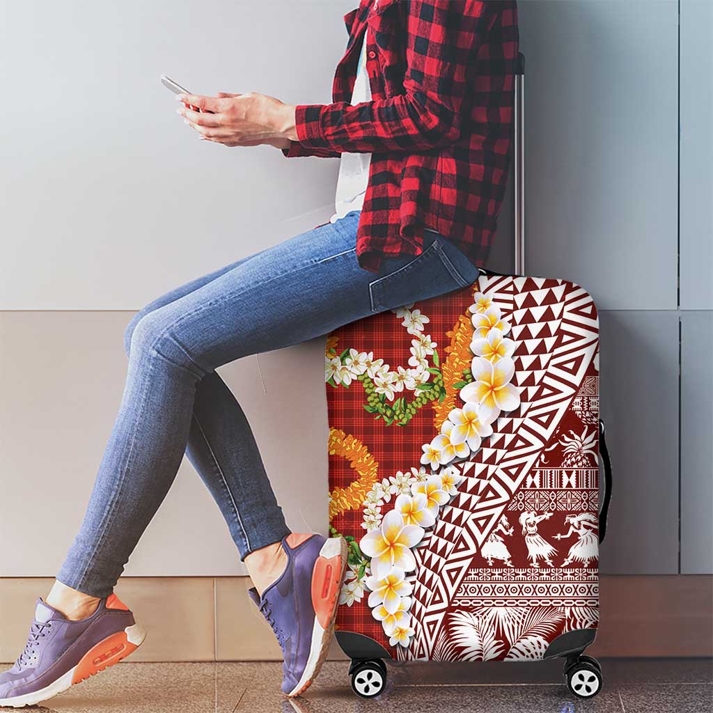 Hawaiian Plumeria Lei Luggage Cover Kakau Motifs and Palaka Half Style Red Color LT03 - Polynesian Pride