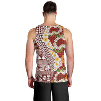 Hawaiian Plumeria Lei Men Tank Top Kakau Motifs and Palaka Half Style Red Color LT03 - Polynesian Pride