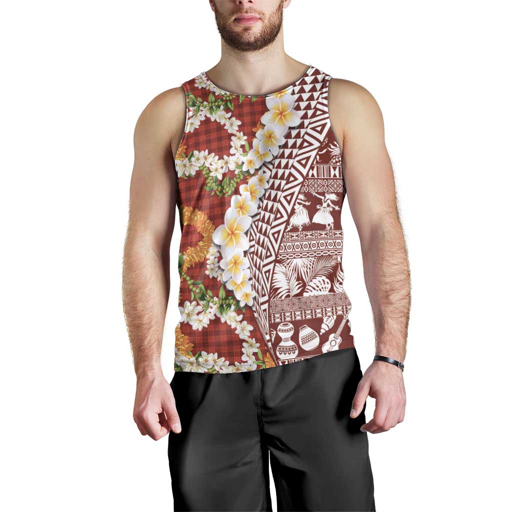 Hawaiian Plumeria Lei Men Tank Top Kakau Motifs and Palaka Half Style Red Color LT03 - Polynesian Pride