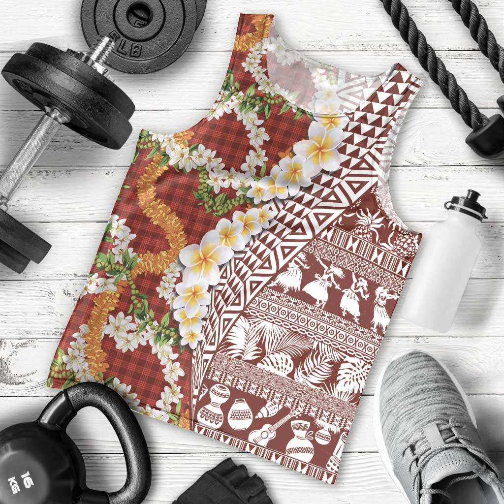 Hawaiian Plumeria Lei Men Tank Top Kakau Motifs and Palaka Half Style Red Color LT03 - Polynesian Pride