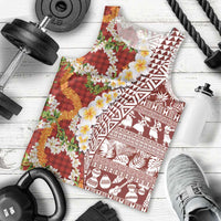 Hawaiian Plumeria Lei Men Tank Top Kakau Motifs and Palaka Half Style Red Color LT03 - Polynesian Pride