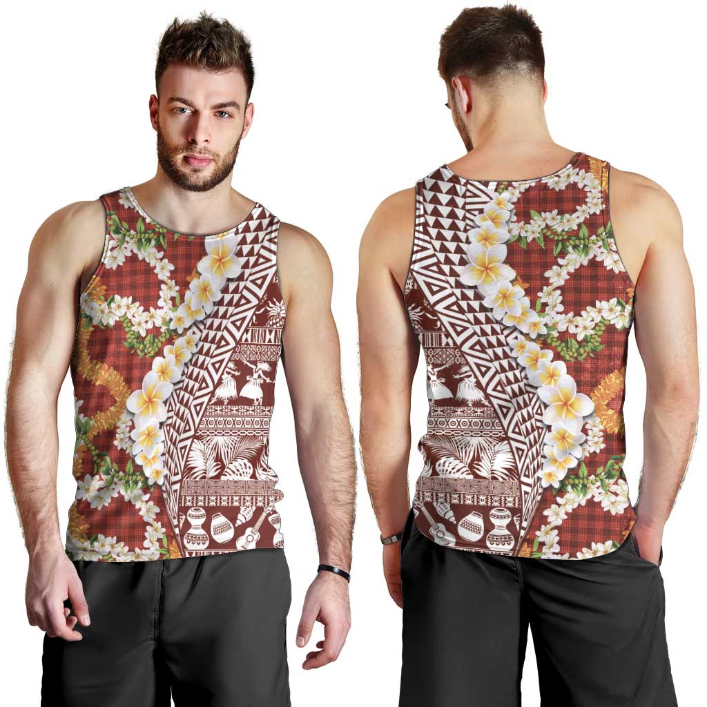 Hawaiian Plumeria Lei Men Tank Top Kakau Motifs and Palaka Half Style Red Color LT03 - Polynesian Pride