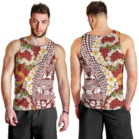 Hawaiian Plumeria Lei Men Tank Top Kakau Motifs and Palaka Half Style Red Color LT03 - Polynesian Pride