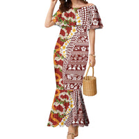 Hawaiian Plumeria Lei Mermaid Dress Kakau Motifs and Palaka Half Style Red Color LT03 Women Red - Polynesian Pride