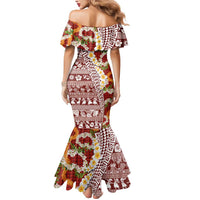 Hawaiian Plumeria Lei Mermaid Dress Kakau Motifs and Palaka Half Style Red Color LT03 - Polynesian Pride