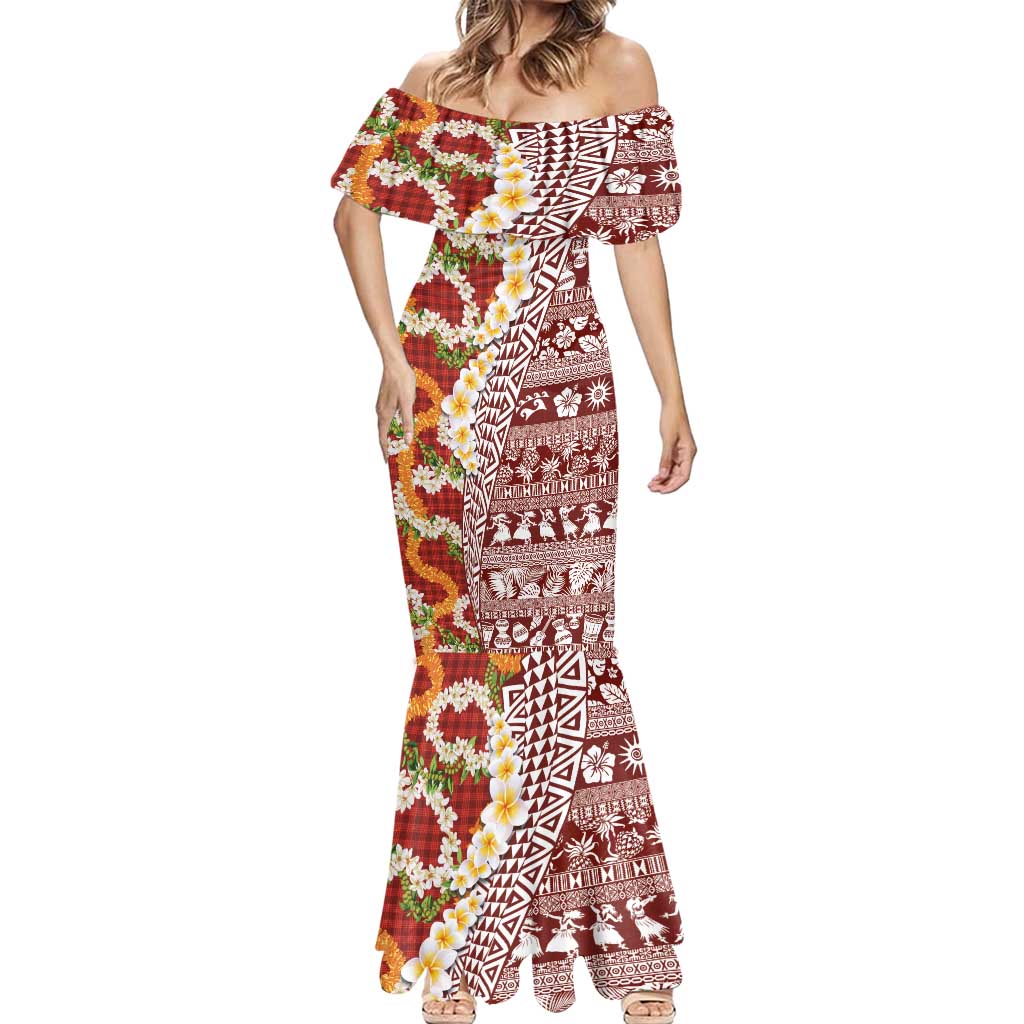 Hawaiian Plumeria Lei Mermaid Dress Kakau Motifs and Palaka Half Style Red Color LT03 - Polynesian Pride