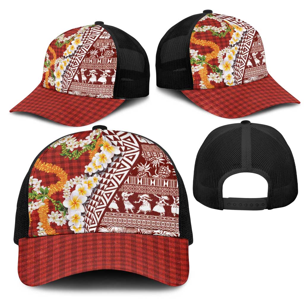 Hawaiian Plumeria Lei Mesh Trucker Cap Kakau Motifs and Palaka Half Style Red Color - Polynesian Pride