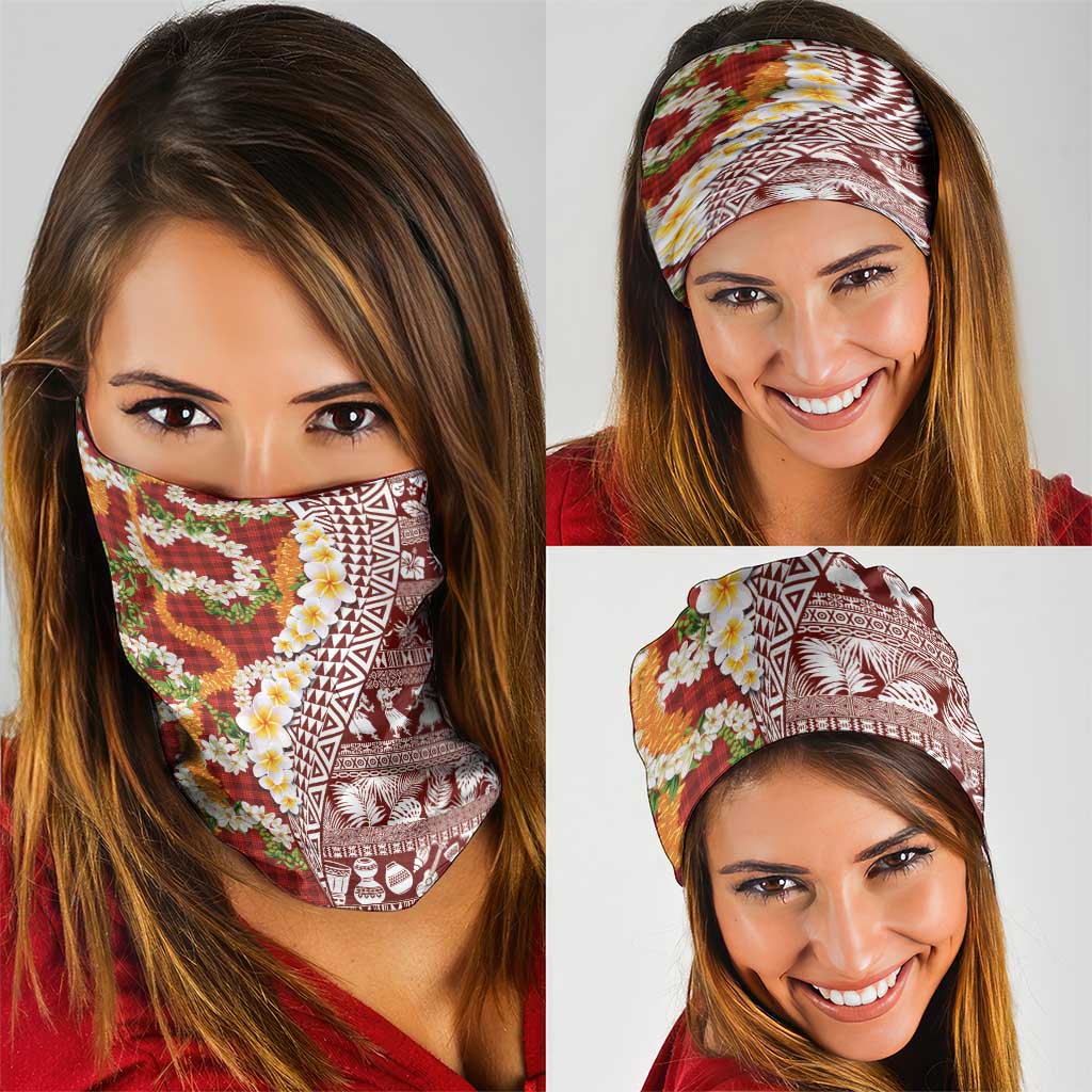 Hawaiian Plumeria Lei Neck Gaiter Kakau Motifs and Palaka Half Style Red Color LT03 - Polynesian Pride