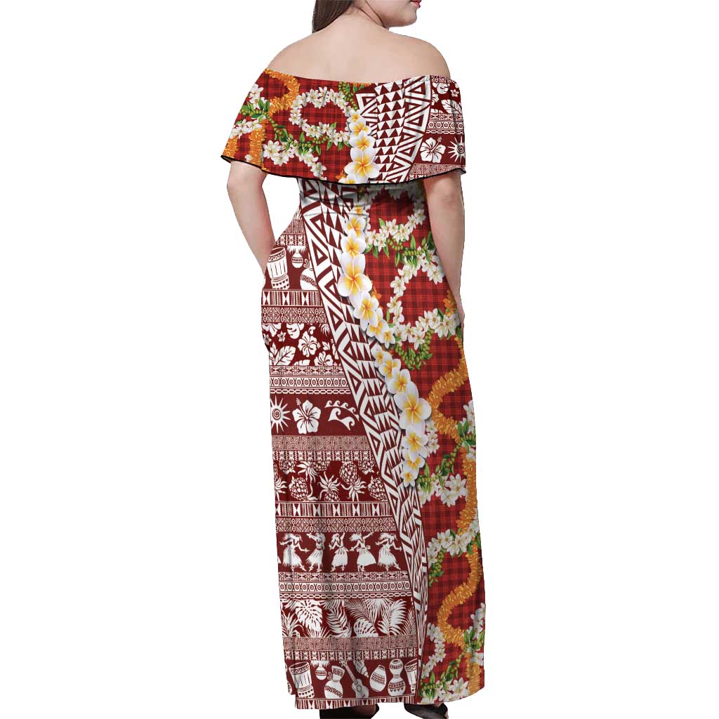 Hawaiian Plumeria Lei Off Shoulder Maxi Dress Kakau Motifs and Palaka Half Style Red Color LT03 - Polynesian Pride