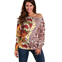 Hawaiian Plumeria Lei Off Shoulder Sweater Kakau Motifs and Palaka Half Style Red Color LT03 Women Red - Polynesian Pride