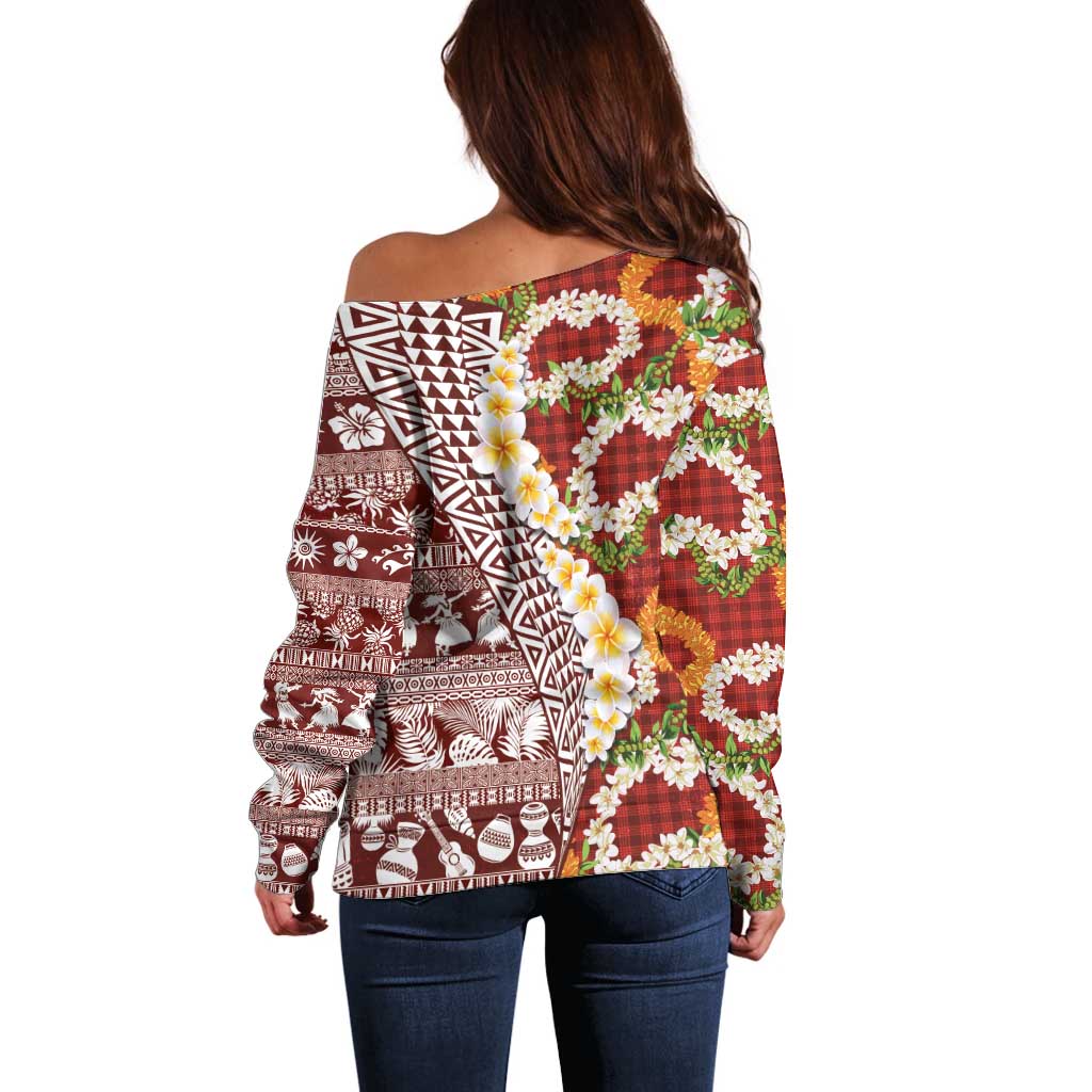 Hawaiian Plumeria Lei Off Shoulder Sweater Kakau Motifs and Palaka Half Style Red Color LT03 - Polynesian Pride