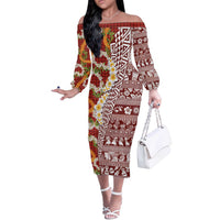 Hawaiian Plumeria Lei Off The Shoulder Long Sleeve Dress Kakau Motifs and Palaka Half Style Red Color LT03 Women Red - Polynesian Pride