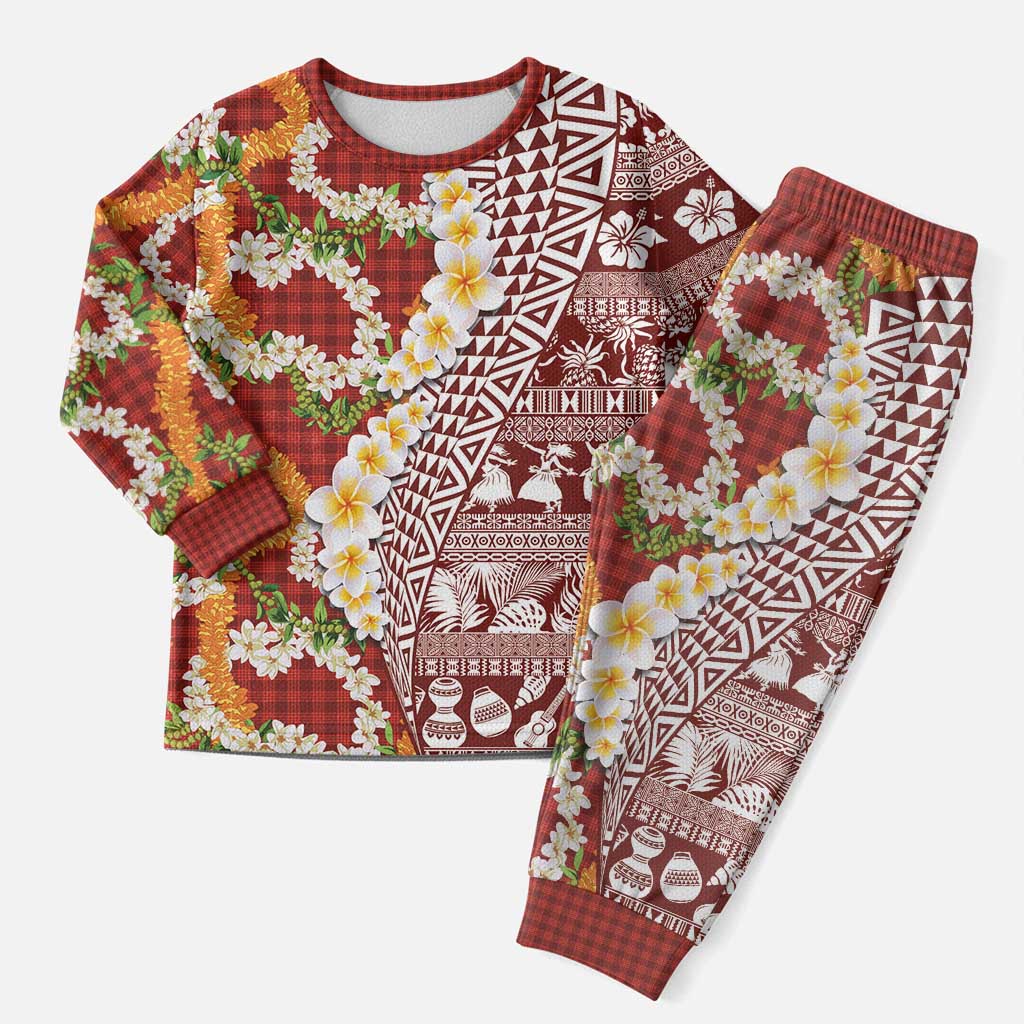 Hawaiian Plumeria Lei Christmas Pajama Set Kakau Motifs and Palaka Half Style Red Color LT03 Men Red - Polynesian Pride