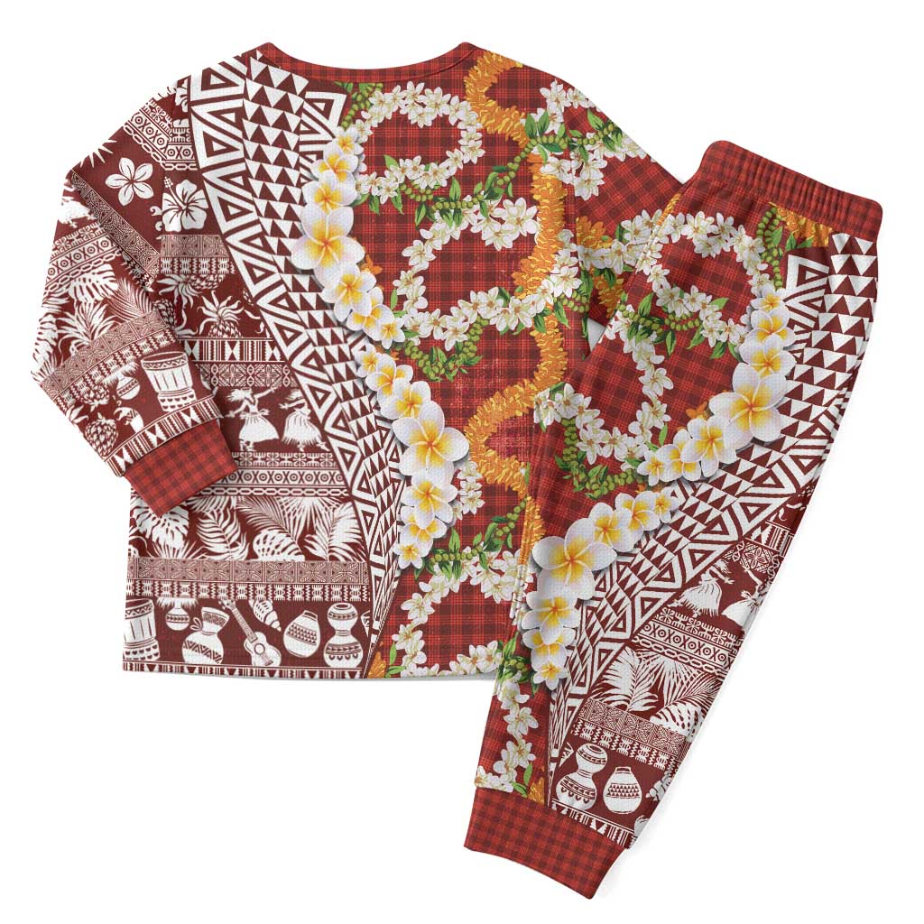 Hawaiian Plumeria Lei Christmas Pajama Set Kakau Motifs and Palaka Half Style Red Color LT03 - Polynesian Pride