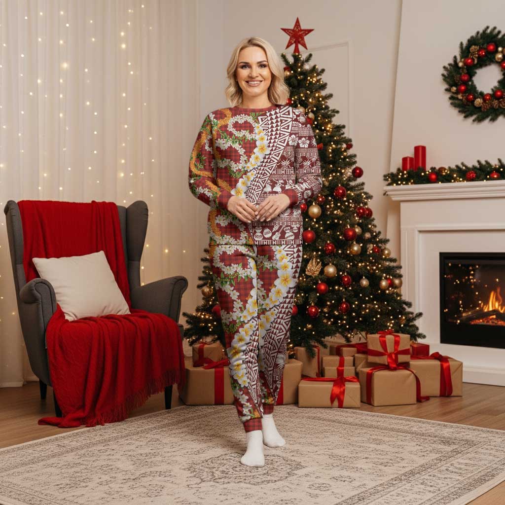 Hawaiian Plumeria Lei Christmas Pajama Set Kakau Motifs and Palaka Half Style Red Color LT03 Women Red - Polynesian Pride
