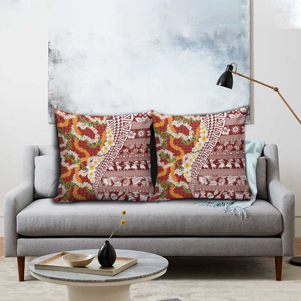 Hawaiian Plumeria Lei Pillow Cover Kakau Motifs and Palaka Half Style Red Color LT03 - Polynesian Pride