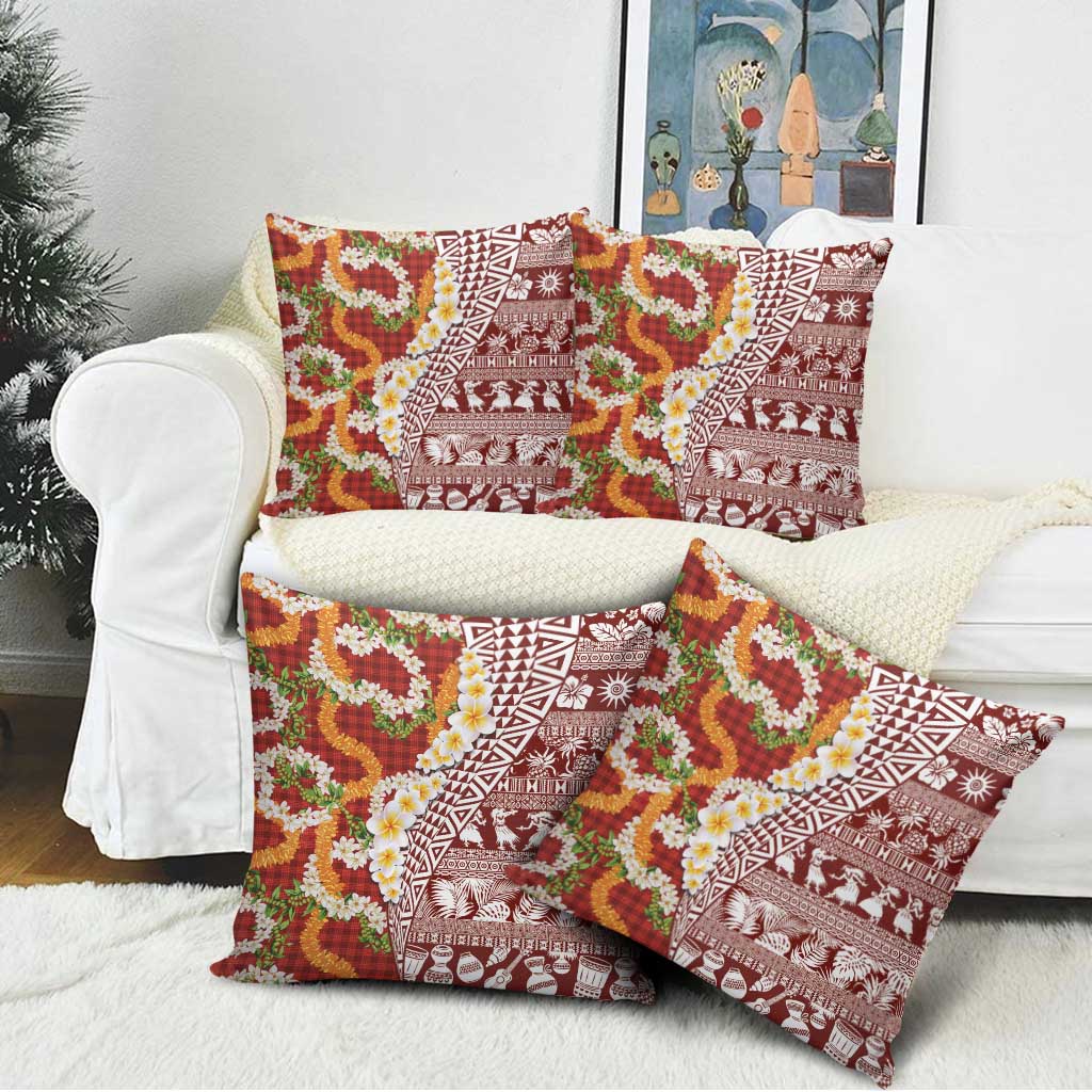 Hawaiian Plumeria Lei Pillow Cover Kakau Motifs and Palaka Half Style Red Color LT03 - Polynesian Pride