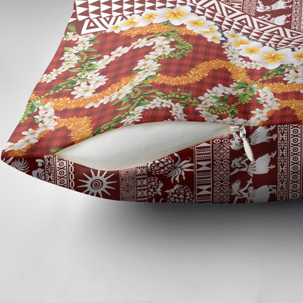 Hawaiian Plumeria Lei Pillow Cover Kakau Motifs and Palaka Half Style Red Color LT03 - Polynesian Pride