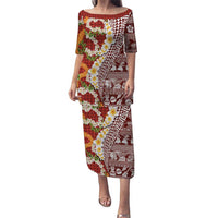 Hawaiian Plumeria Lei Puletasi Kakau Motifs and Palaka Half Style Red Color LT03 Long Dress Red - Polynesian Pride