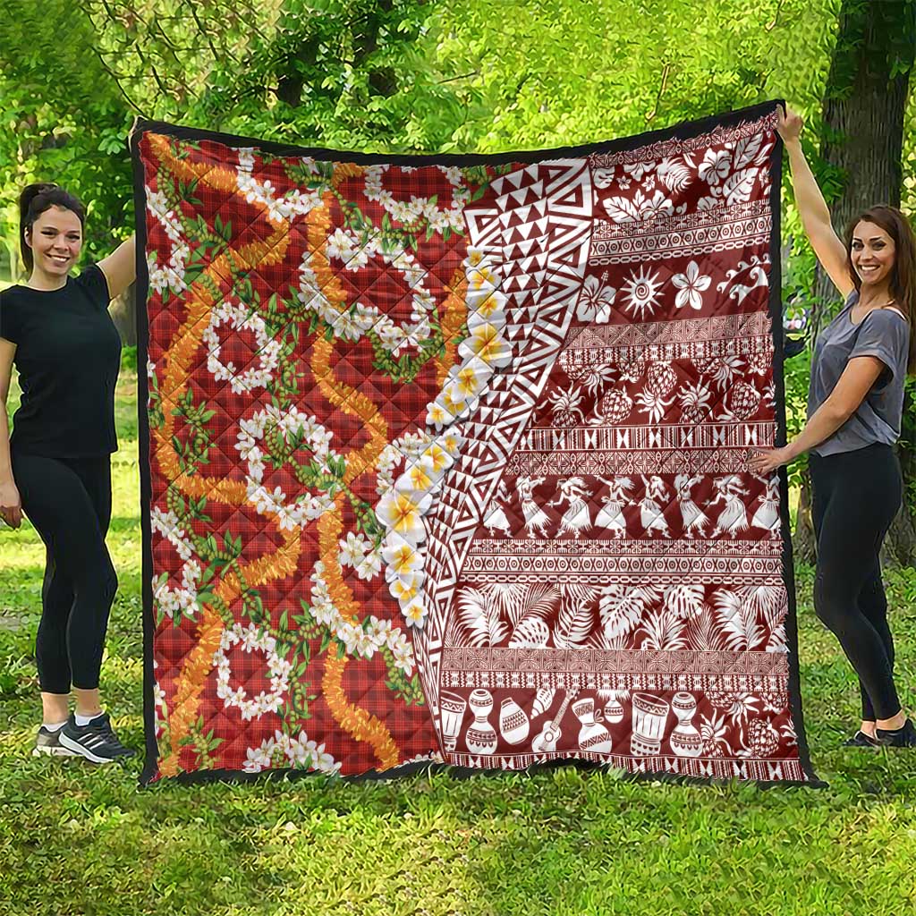 Hawaiian Plumeria Lei Quilt Kakau Motifs and Palaka Half Style Red Color - Polynesian Pride