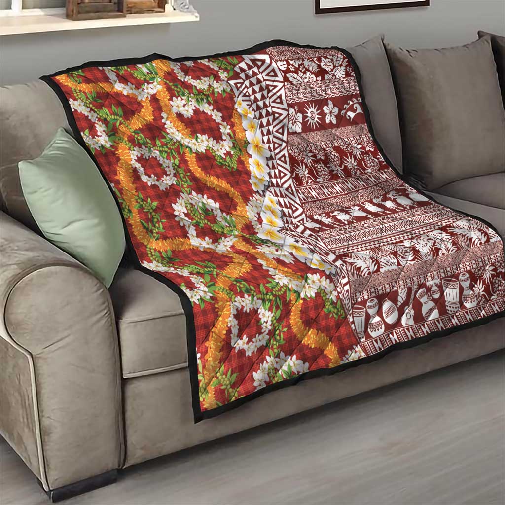 Hawaiian Plumeria Lei Quilt Kakau Motifs and Palaka Half Style Red Color - Polynesian Pride