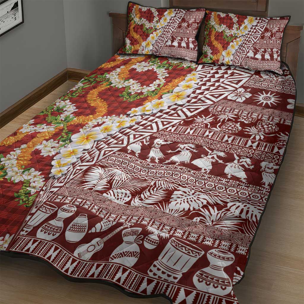 Hawaiian Plumeria Lei Quilt Bed Set Kakau Motifs and Palaka Half Style Red Color LT03 - Polynesian Pride